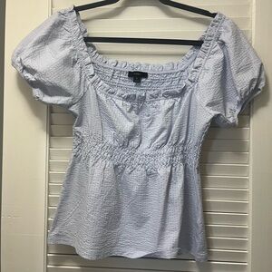 J. Crew Baby Blue Seersucker Puff Sleeve Smocked Top